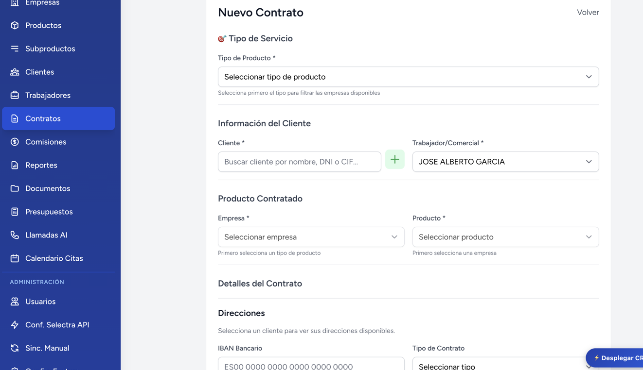 Formulario de alta de nuevo contrato en el CRM de Tecnoahorro360